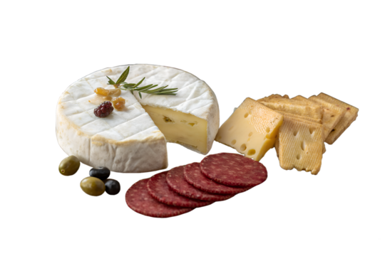 A gourmet selection of soft cheese, sliced hard cheese, savory salami, fresh olives, and crispy crackers is arranged, isolated on a transparent background.
