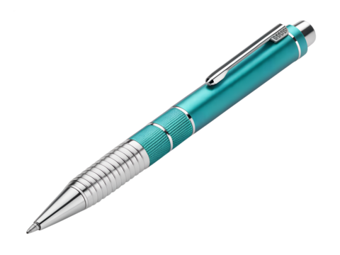 A vibrant teal and silver ballpoint pen with a textured grip is positioned diagonally, perfectly isolated on a transparent background.