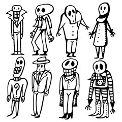 Edgy vintage cartoon skeleton figures doodle set