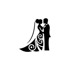 Silhouette of a bride and groom in wedding attire on transparent background