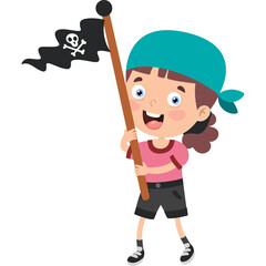 Cartoon Pirate Girl With Jolly Roger Flag And Teal Bandana Smiling Joyfully In A White Background
