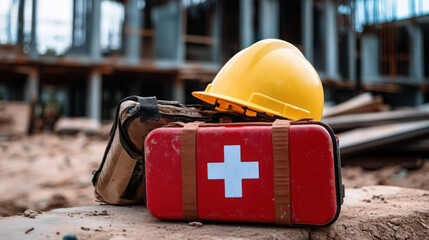 construction site with a yellow hard hat and a red first-aid kit