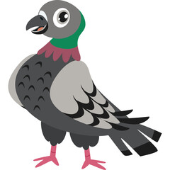 Cartoon Pigeon With Green Neck And Grey Feathers Standing On Pink Feet Against Transparent Background