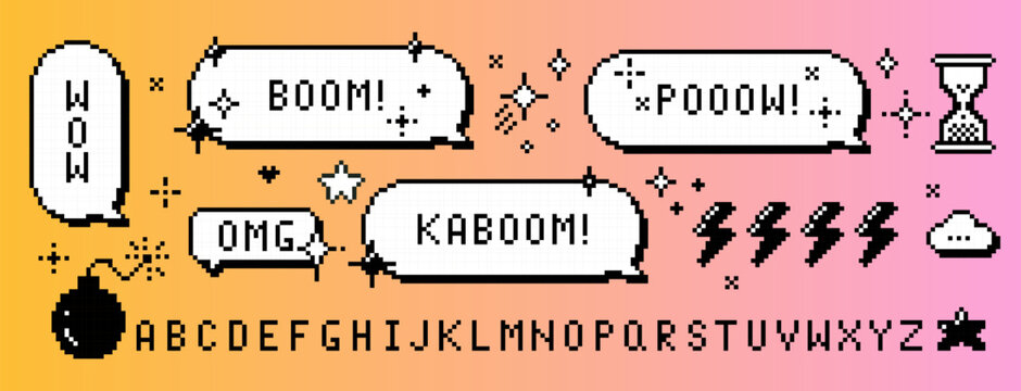 Y2k pixel retro dialogue box set, font, phrases Pow, Kaboom, Wow, Boom, Omg, bomb icon. 8 bit communication vector elements of speech bubbles for text message, game interface, nostalgic arcade design