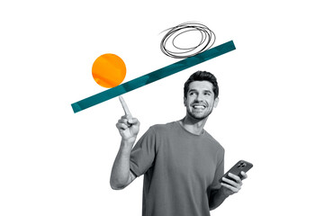 Composite trend artwork sketch image collage of young guy student hand hold finger balance equal...