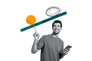 Composite trend artwork sketch image collage of young guy student hand hold finger balance equal swing ball line mess smartphone remote