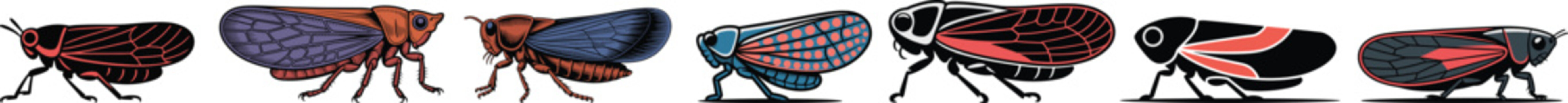Colorful Leafhopper and Froghopper Vector Art Bundle: Detailed Auchenorrhyncha Insect Illustrations Clipart