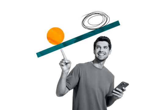 Composite trend artwork sketch image collage of young guy student hand hold finger balance equal swing ball line mess smartphone remote