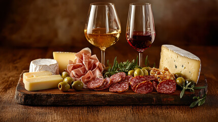 Prosciutto ham with parmesan, ciabatta and red wine