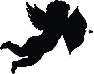 Cherub silhouette flying with bow and arrow symbol of love and romance vector
