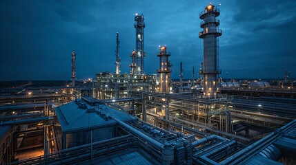 Fototapeta premium an impressive wide shot captures an industrial facility at night, showcasing the intricate network of pipes and towers with the night sky as a backdrop