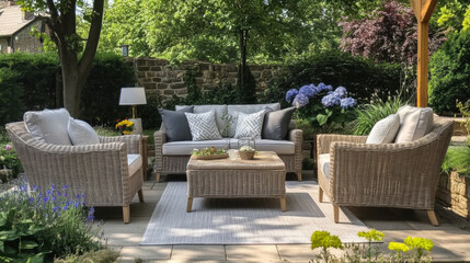 Charming Serene Garden Patio With Cozy Outdoor Furniture