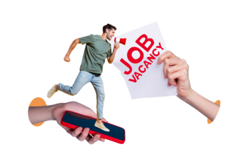 Creative trend collage of funny man announce apply job vacancy online recruitment hiring freak bizarre unusual fantasy