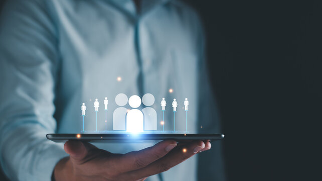 Customer relationship management or CRM concept, Businessman showing Customer relationship community online network technology, service system build brand loyalty, Digital business.