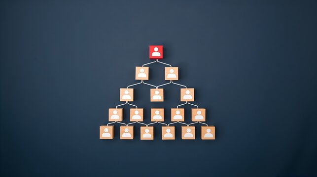 an abstract pyramid-shaped diagram with human icons symbolizing organizational structure and hierarchy on a dark background