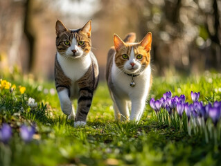 fluffy friends cat and corgi dog walk along the green grass