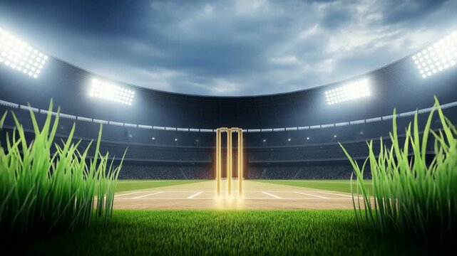 Dazzling cricket stadium under stadium lights with wickets ready for action, 4k high quality