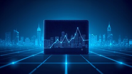 a high-tech image displaying financial data in a virtual environment. The image features a chart displayed on a screen with the background being a futuristic city skyline and data streams 