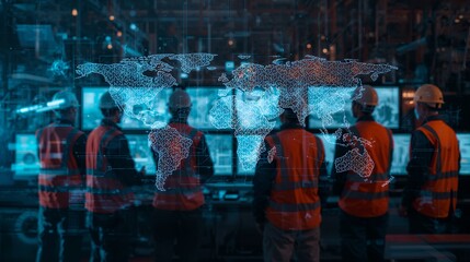 workers attentively monitor advanced technology with world map interface displayed on screens. The scene evokes a sense of control, expertise, and preparedness