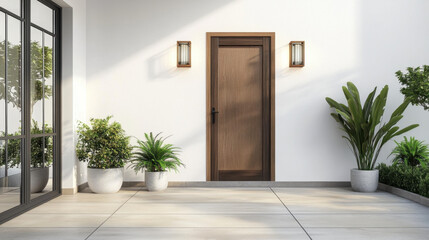 New house with wooden door and empty white wall.