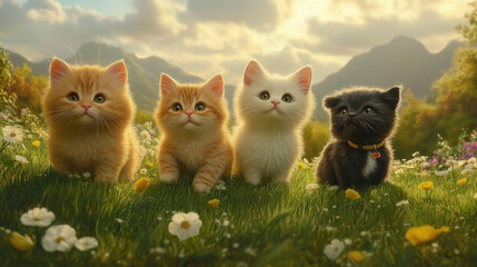 various fluffy dog and cat friends are sitting on the green grass in a sunny spring meadow