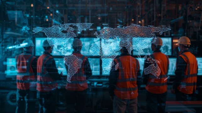 workers attentively monitor advanced technology with world map interface displayed on screens. The scene evokes a sense of control, expertise, and preparedness