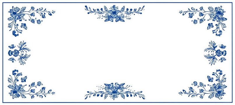 Blue floral vintage decoration frame background. Copy space for text and advert. Generative AI technology.	
