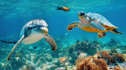 A Dolphin and Sea Turtle Underwater portrait close up