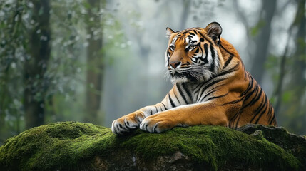Tiger resting on mossy rock amid misty trees