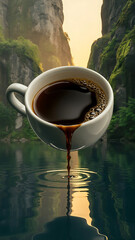 A surreal scene depicts a large leche cup tilted, pouring rich, dark coffee into a calm body of water, creating a reflective surface..jpg