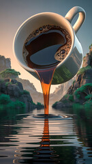A surreal scene depicts a large leche cup tilted, pouring rich, dark coffee into a calm body of water, creating a reflective surface..jpg