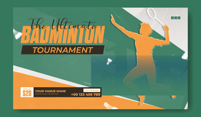 Dynamic silhouette of a badminton player in action advertising badminton classes and training