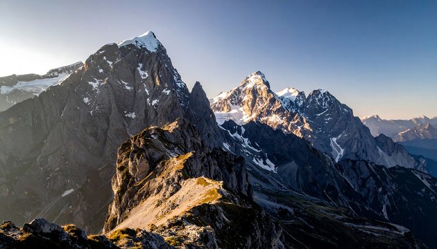Panoramic view of rugged mountain peaks with snow-capped summits, illuminated by golden sunlight against a clear, blue sky - Powered by Adobe