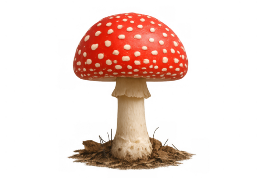 Fly agaric mushroom standing on soil, a red and white spotted toadstool known for its poisonous nature, transparent background