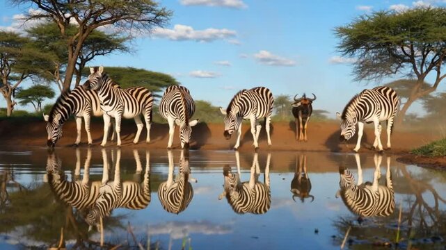 Low-angle view of a waterhole capturing the reflection of zebras and a lone wildebeest drinking, creating a serene wildlife scene.