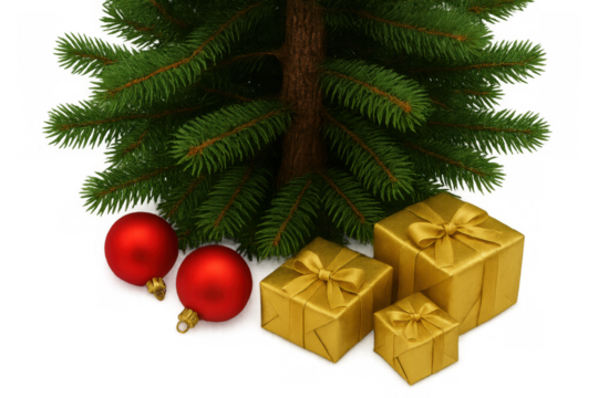 Christmas tree with golden gift boxes and red ornaments representing holiday giving and festive celebration