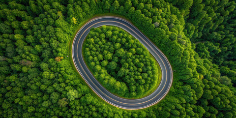 Aerial view of winding road surrounded by lush green forest, creating serene and natural landscape
