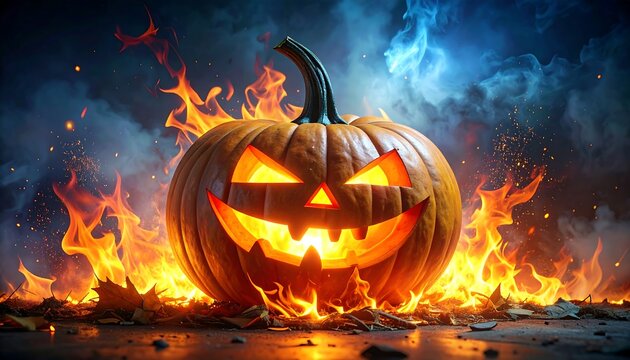 Illuminated jack-o'-lantern amid swirling flames against a smoky, moody background with scattered leaves