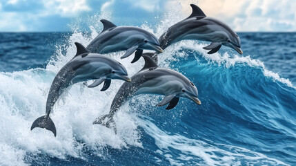 beautiful dolphins jumping over breaking waves