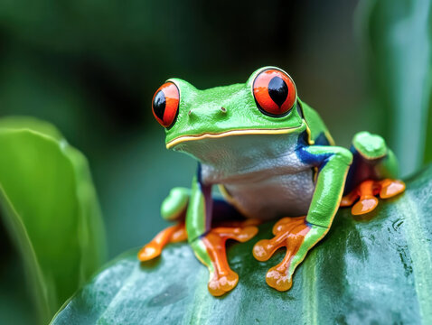 Flying frog on green leaves, beautiful tree frog sitting on green leaves