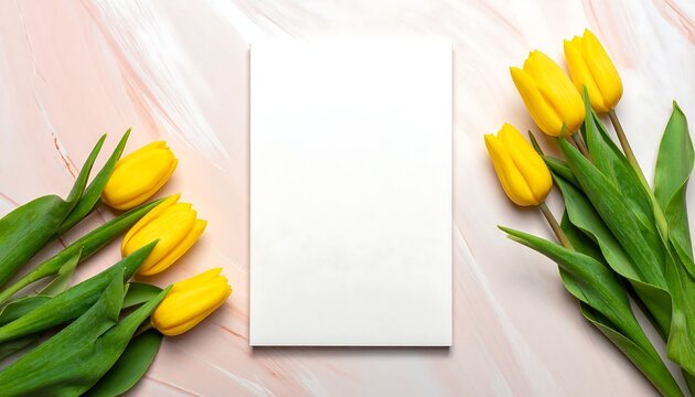 Overhead shot of yellow tulips and a blank white card centered on a pink marble background. Floral arrangement