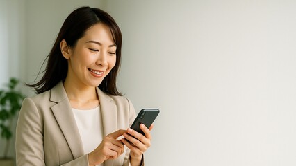 Smiling Businesswoman Using Smartphone Indoors for Communication and Work
