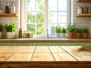 A wooden tabletop with a blurred image of a modern kitchen in the background.