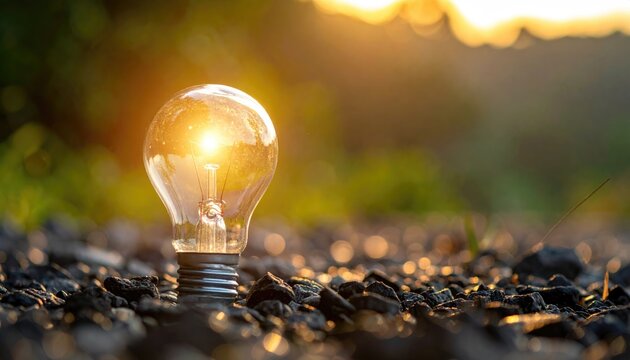 Incandescent Light Bulb on Gravel Ground with Golden Sunset Light Shining Through Glass Bulb Outdoors