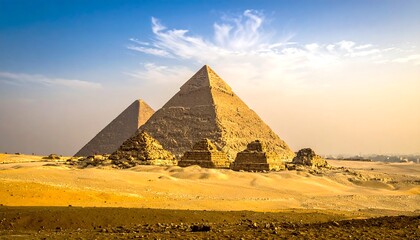 Panoramic view of the iconic ancient pyramids in the desert with golden sunlight, under a blue sky with a few wispy clouds