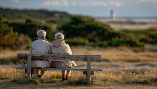 Lighthouse View elderly couple on coastal bench, peaceful golden sunset mood, soft focus travel photography style, evoking love, retirement reflection, and timeless companionship by the - Powered by Adobe