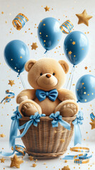 Watercolor Bear with blue balloons Isolated on a white background