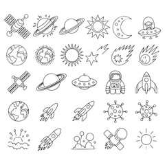 A collection of hand drawn space icons. Features planets, stars, astronauts, and rockets in a simple doodle style. Set of celestial and cosmic exploration elements.