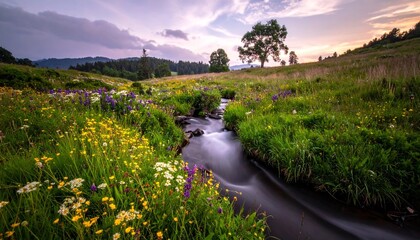 Stream flowing through wildflower meadow at sunset.