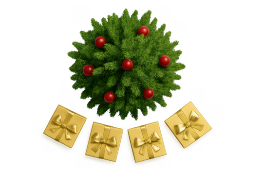 Christmas tree with red balls and golden gifts, festive holiday celebration, top view, transparent background